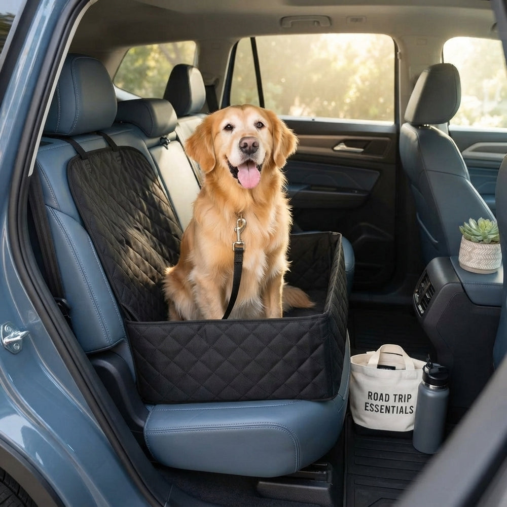 A Golden Retriever sitting securely in a RoadNest Halo pet booster seat inside a clean, modern vehicle interior.